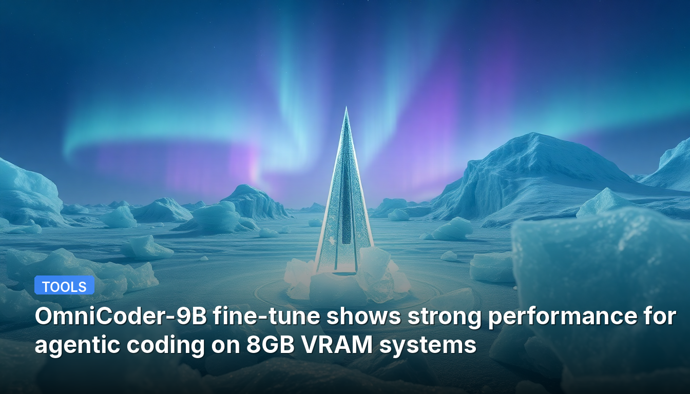 OmniCoder-9Bのファインチューニングは、8GB VRAMシステム上でのエージェント型コーディングにおいて優れたパフォーマンスを示しています。