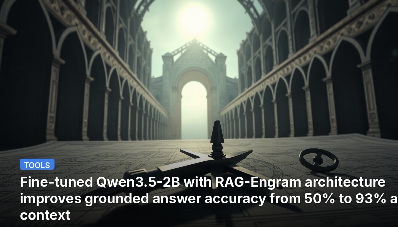 Das feinabgestimmte Qwen3.5-2B-Modell mit RAG-Engram-Architektur verbessert die Genauigkeit fundierter Antworten von 50 % auf 93 % bei einem Kontext von 8K.