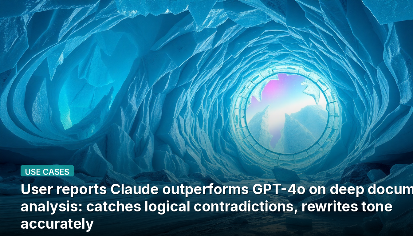 Пользователь сообщает, что Claude превосходит GPT-4o в глубоком анализе документов: находит логические противоречия, точно воспроизводит тон текста